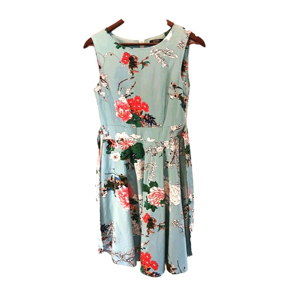 ARANEE Floral A-Line Dress Light Blue Cheongsam Style Midi Size M